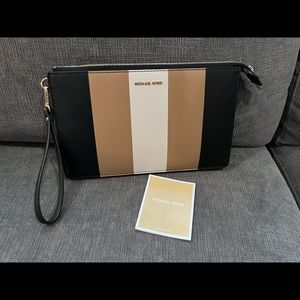 Michael Kors center stripe tan/brown/white leather wrist purse